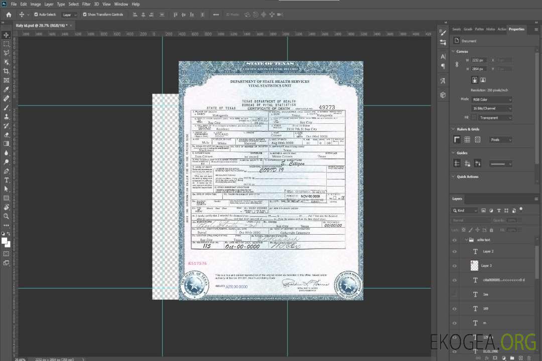 Modèle de certificat de décès de l'État du Texas aux États-Unis au format PSD, entièrement modifiable, version 2 template Modèle de certificat de décès de l'État du Texas aux États-Unis au format PSD, entièrement modifiable, version 2 template